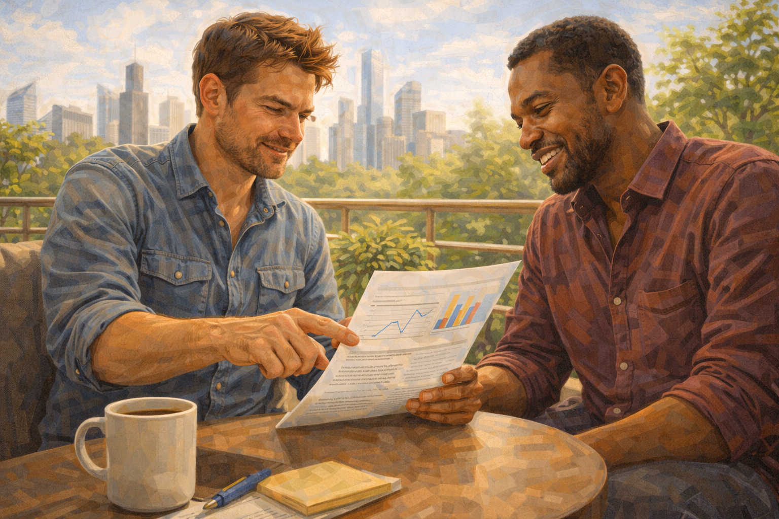 Two colleagues outside on a rooftop terrace, reviewing a printed report together in bright daylight, one pointing to a line on the page