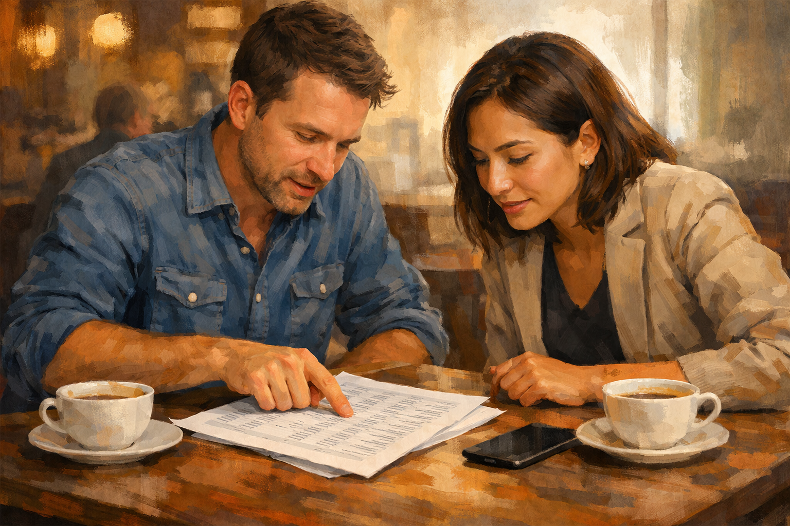 Two colleagues at a coffee shop table reviewing a printed prospect list together, one pointing at specific names