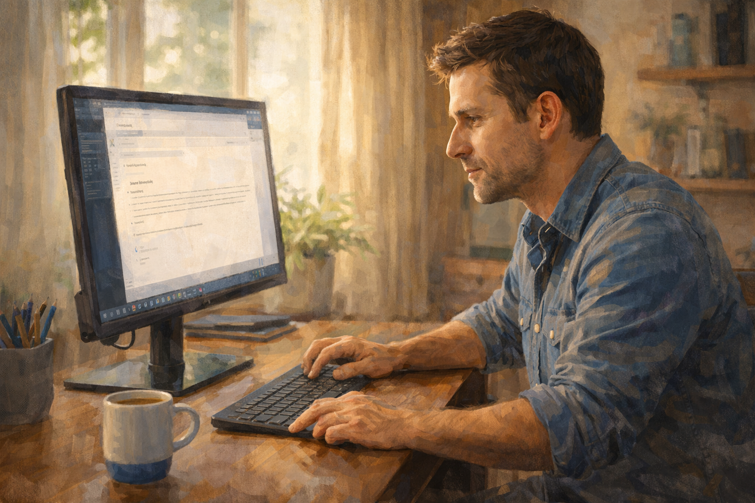 Affiliate manager seated at a home desk, leaning forward while reviewing an email draft on screen, natural light from a nearby window