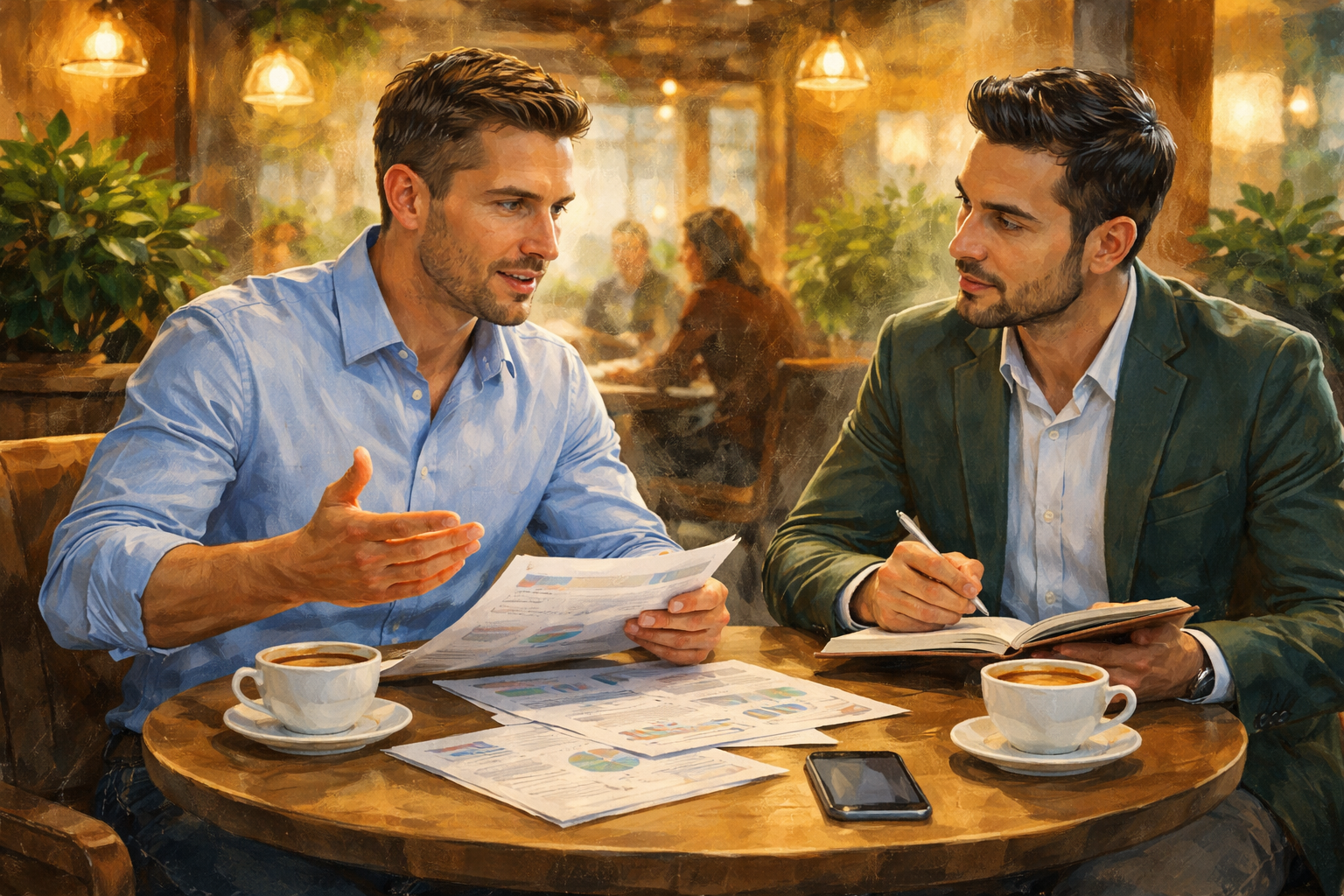 Two professionals meeting over coffee, one explaining a recruitment plan with papers on the table