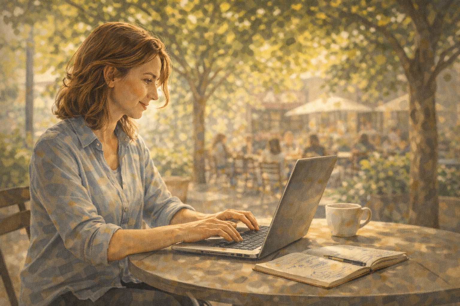 Person at an outdoor cafe table with laptop and notebook, composing an outreach message in dappled sunlight