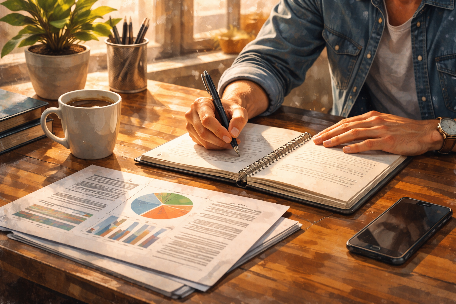 Person writing in a notebook at a desk surrounded by printed reports