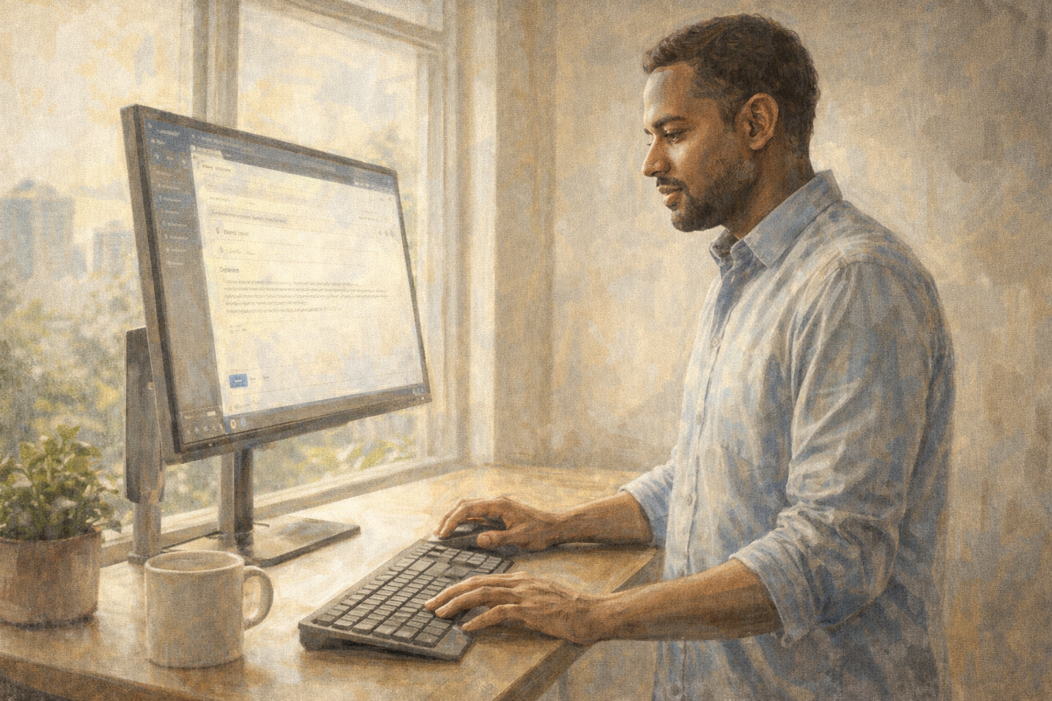 Person at a standing desk composing an email, thoughtful expression, natural light from a large window