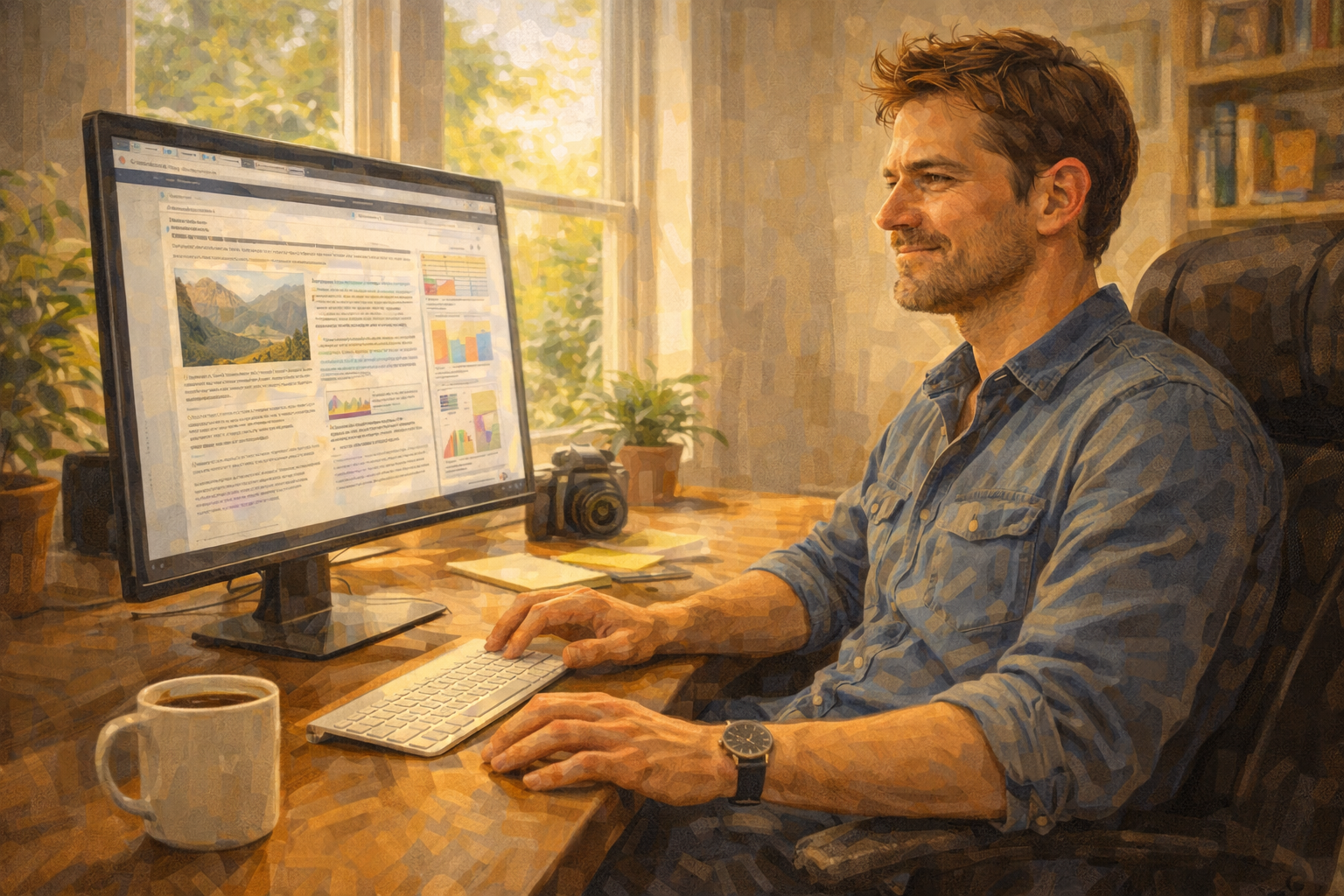 Person working alone in a bright home office, reviewing website content on a large monitor, coffee mug nearby on the desk