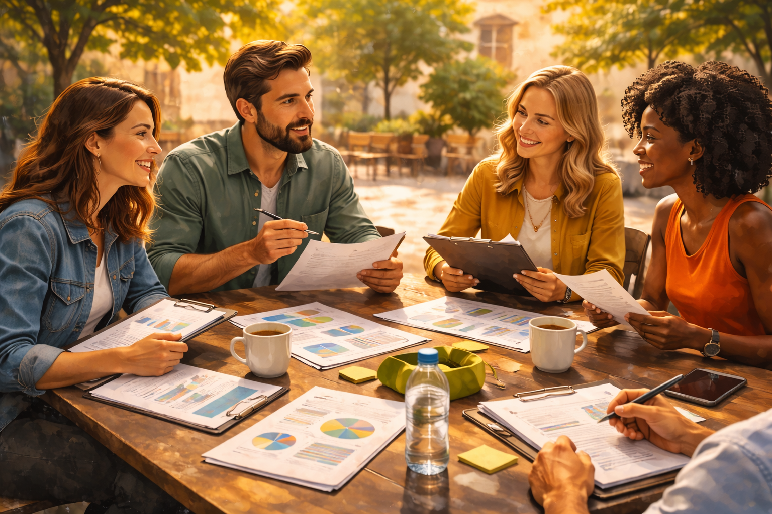 Group of people in an outdoor meeting space engaged in discussion with clipboards