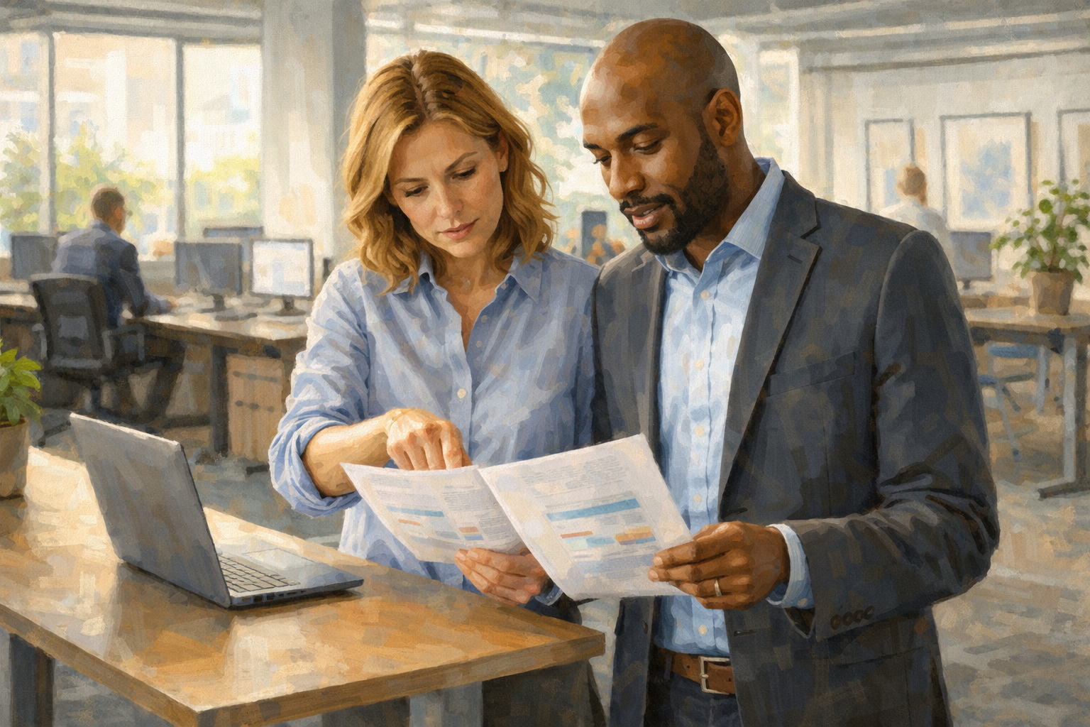 Two colleagues comparing documents side by side at a standing desk in a modern office