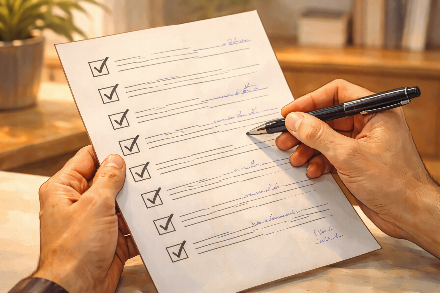 Close-up of hands holding a printed tracking configuration checklist, warm neutral background