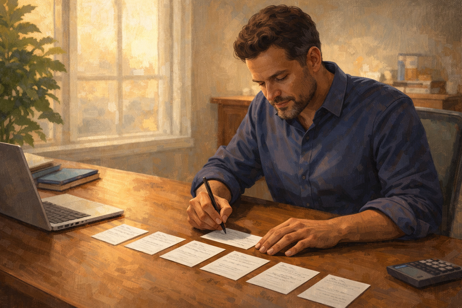 Affiliate manager at a desk mapping out a multi-step email sequence on paper