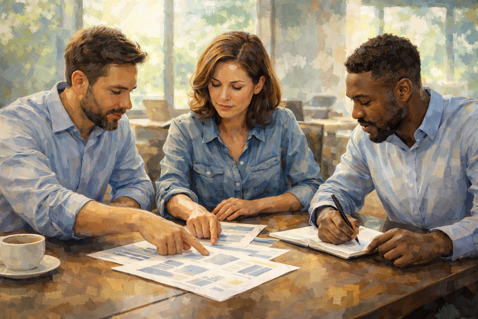 Small team gathered around a conference table with documents spread out, collaborating and pointing at different sections