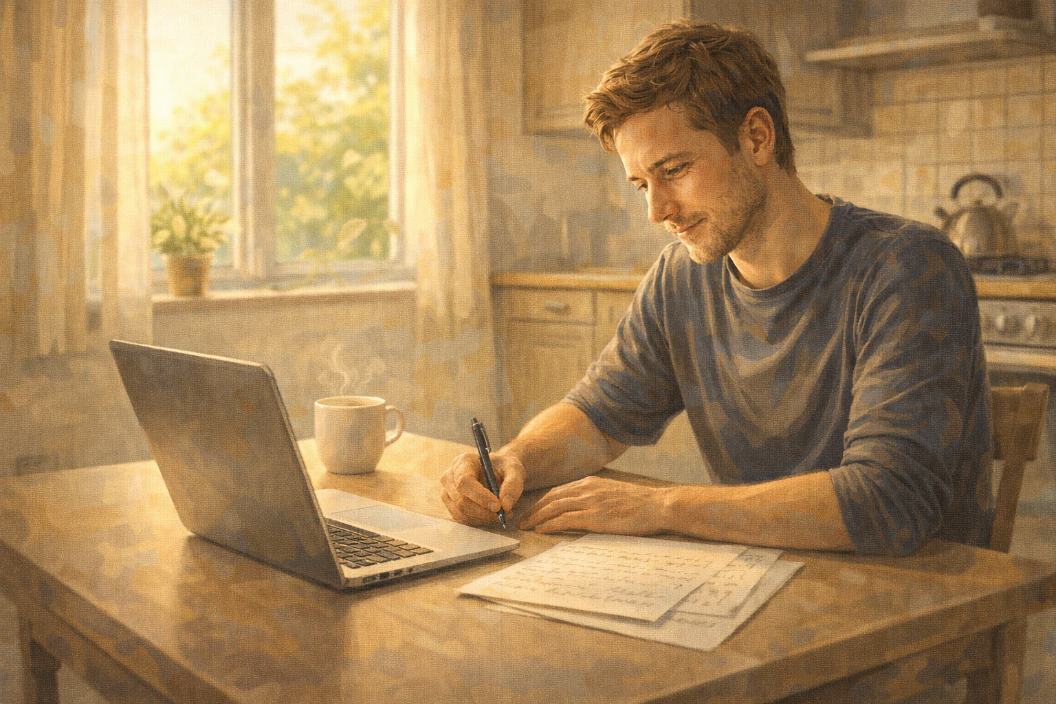 Person at a kitchen table with a laptop and handwritten notes, evaluating options in morning light