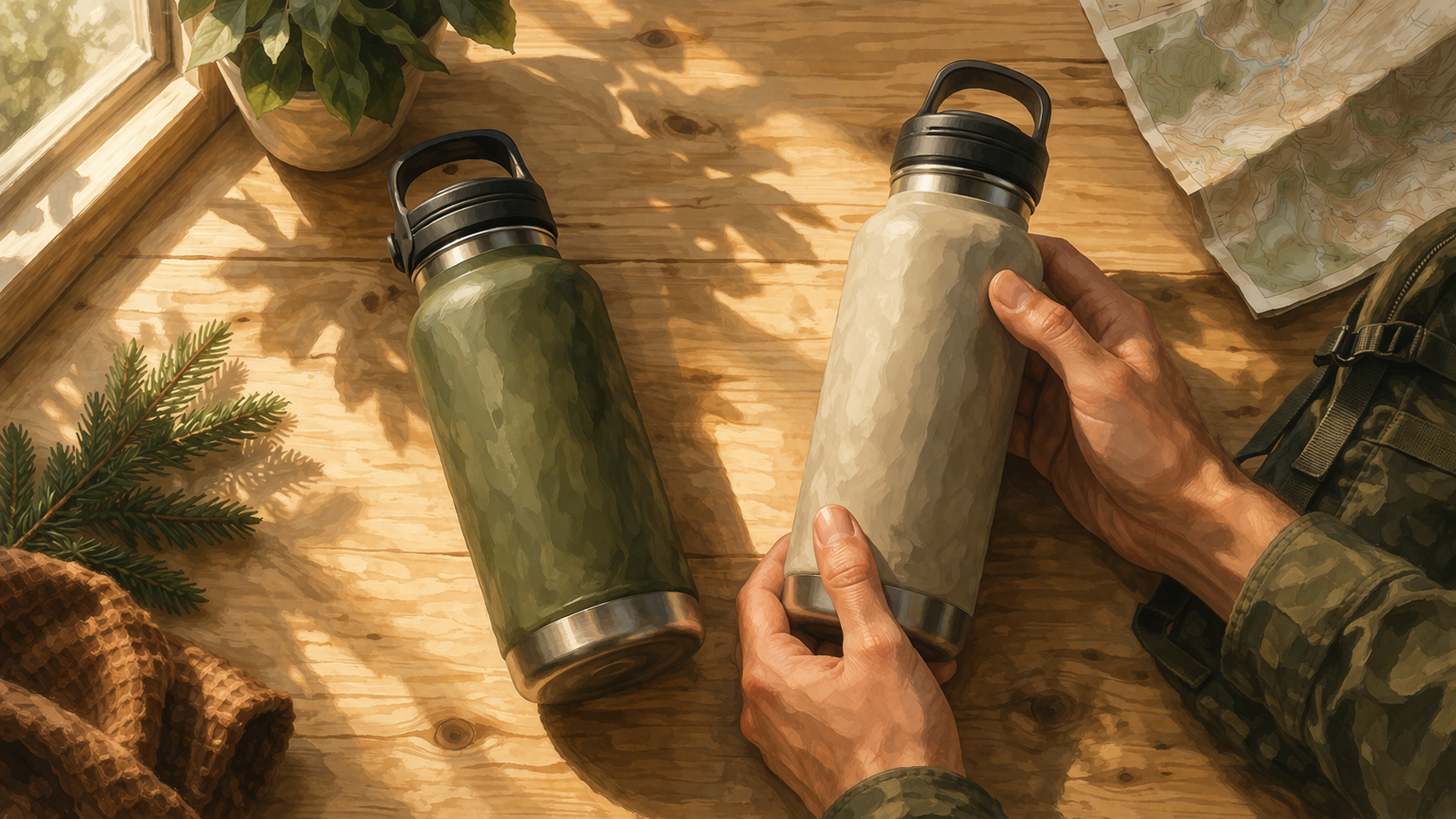 Flat-lay of two similar outdoor products arranged on a natural wood surface, hands adjusting one item, morning light from a window to the left