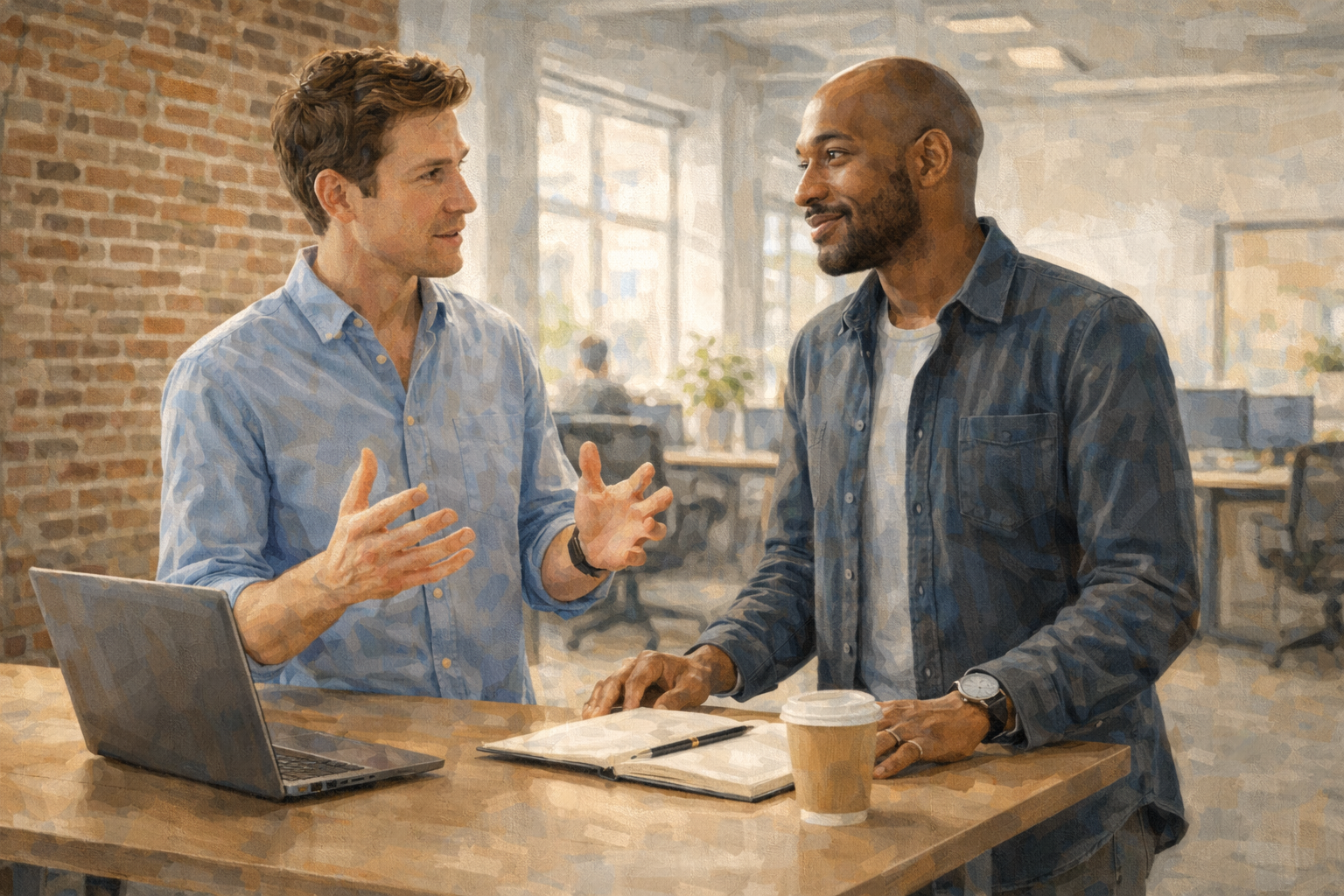Two founders having a conversation at a standing desk in a startup office, one gesturing while explaining a growth strategy