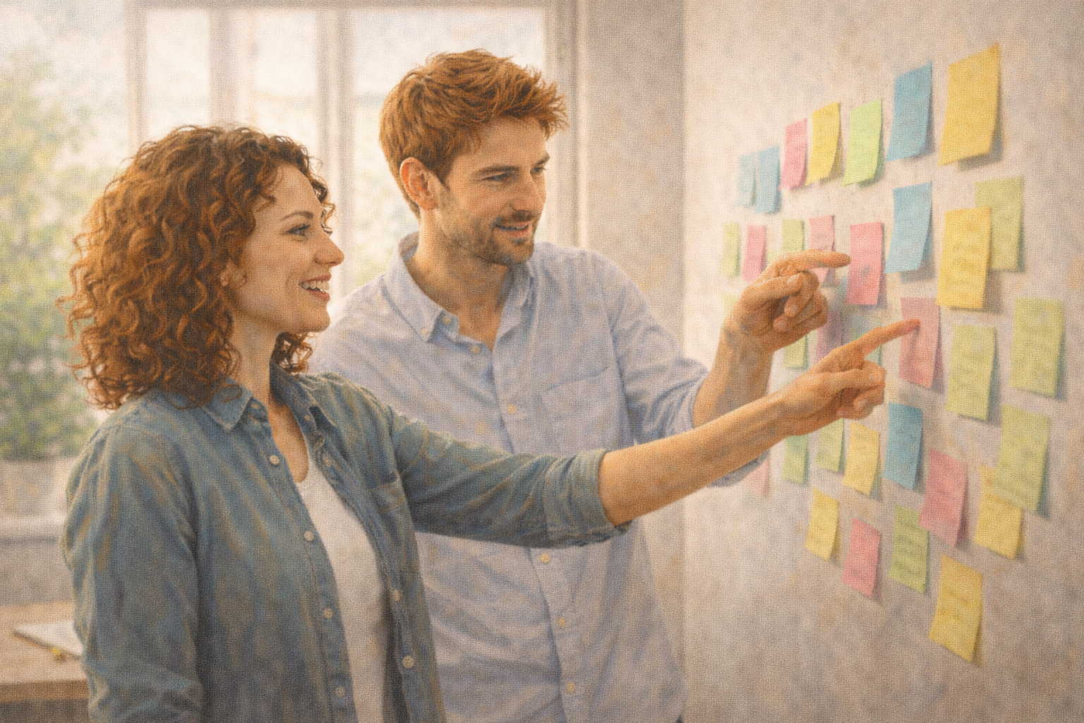 Two people in a bright office comparing notes on a whiteboard with product names written on sticky notes