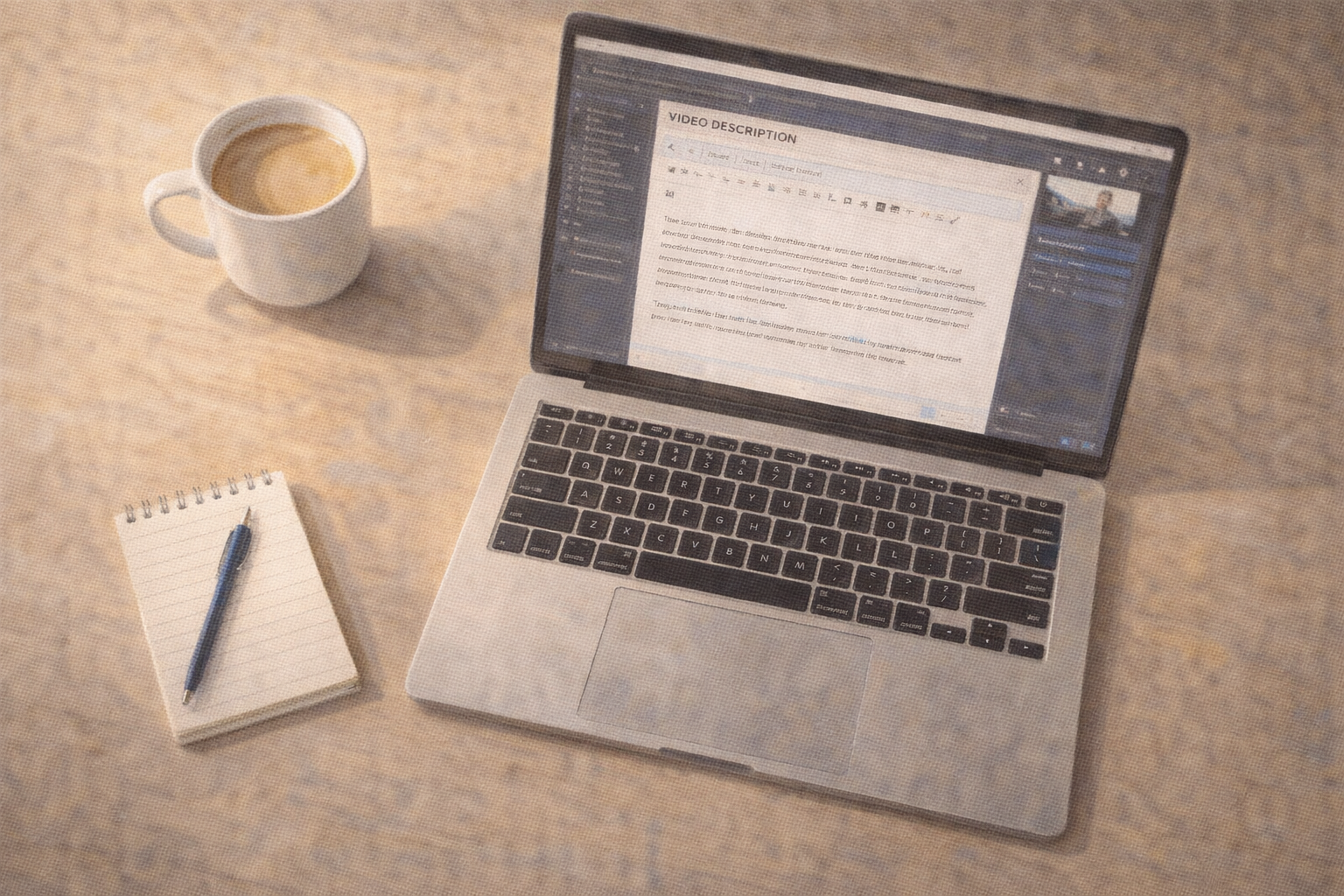 Overhead shot of a desk with a laptop showing a YouTube video description being drafted, coffee mug nearby