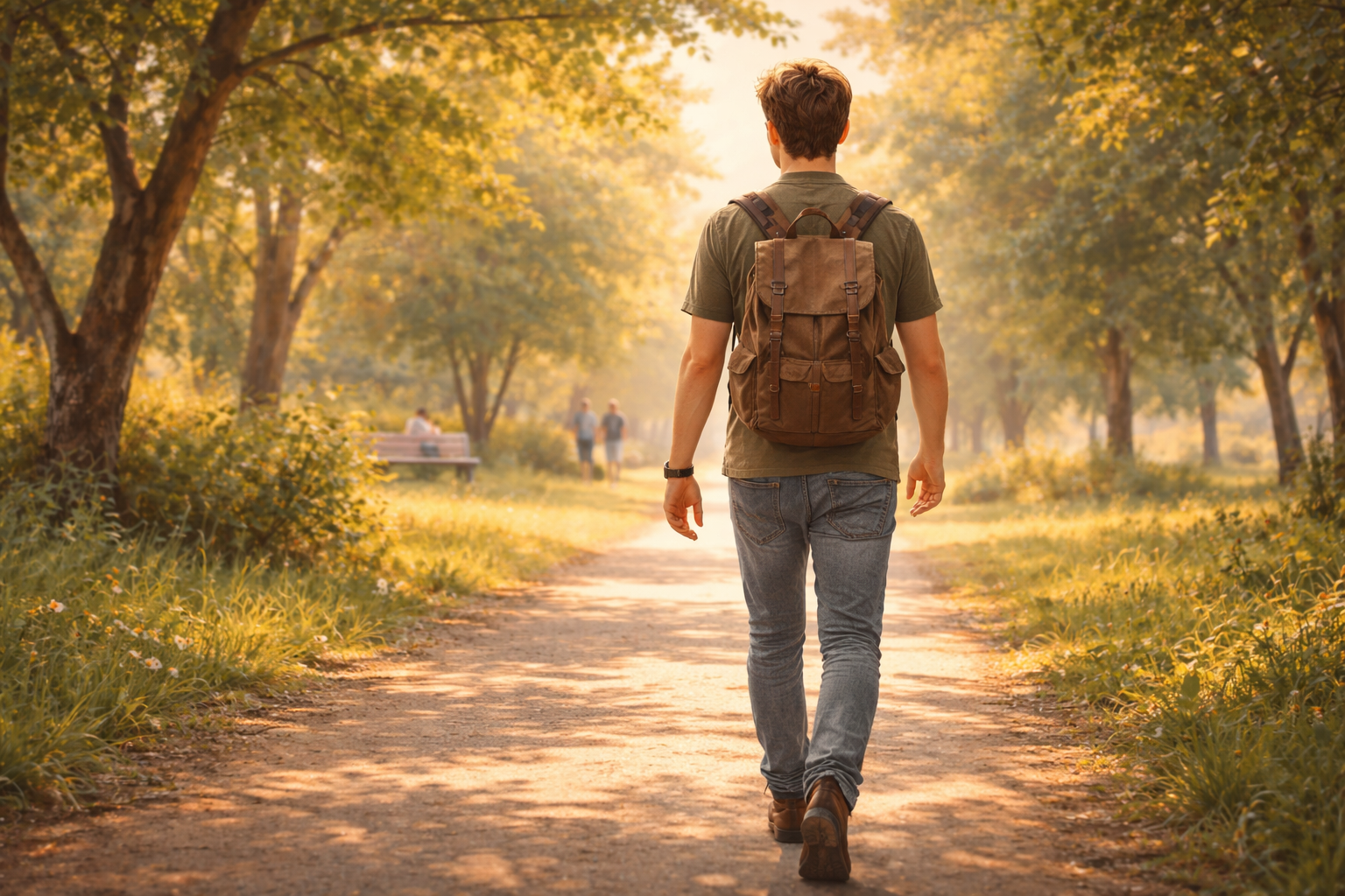 Person walking along a sunlit path in a park, viewed from slightly behind, purposeful stride