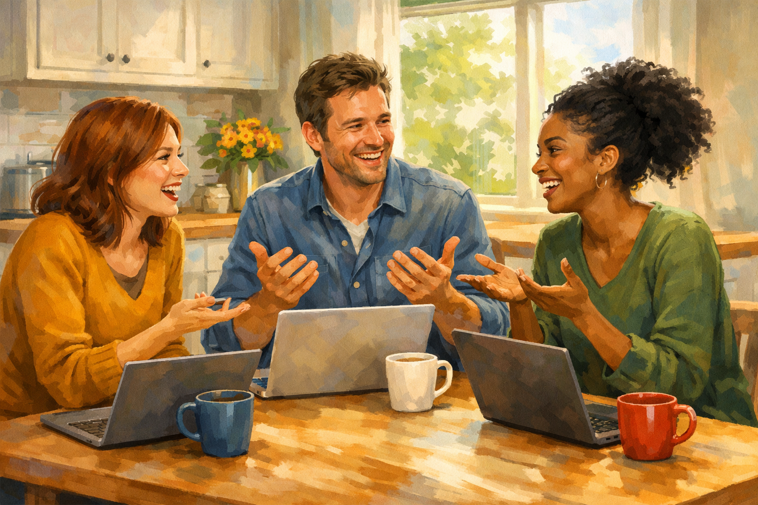 Group of three people gathered around a kitchen table with laptops and coffee mugs, animated conversation, bright natural light, friendly and collaborative