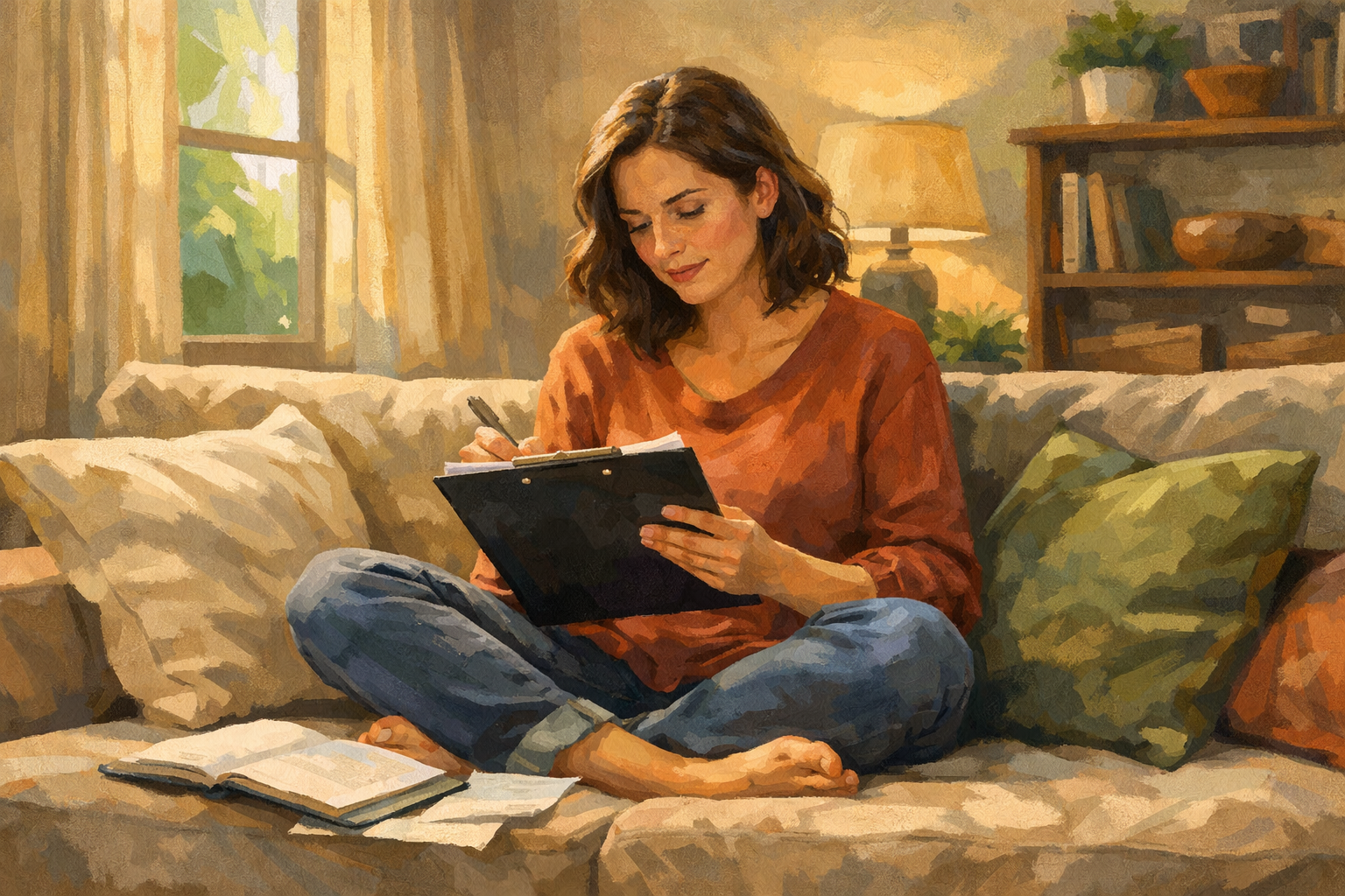 Person sitting cross-legged on a couch reviewing notes on a clipboard, afternoon window light, relaxed home environment