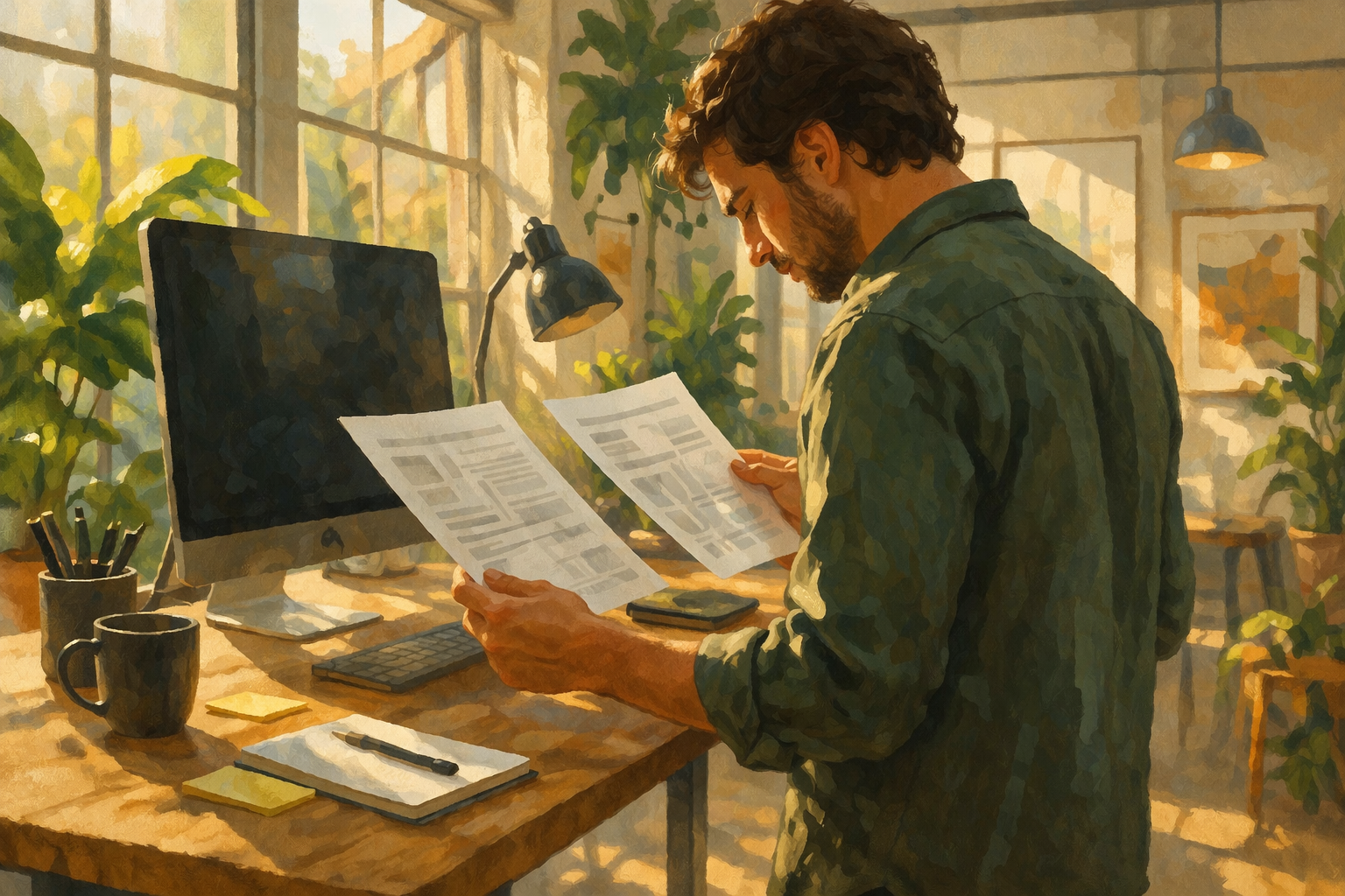 Person at a standing desk in a bright open workspace reviewing two printed documents side by side, focused and comparing, morning light