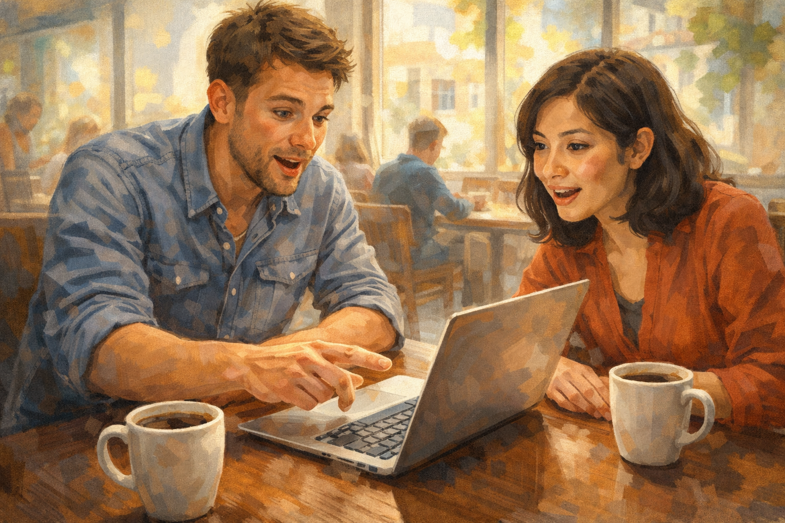 Two people in a bright coffee shop, one showing the other something on a laptop with an engaged expression