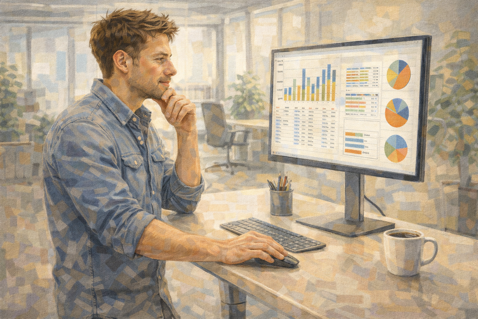Person at a standing desk reviewing email analytics on a monitor, hand resting on chin in thought