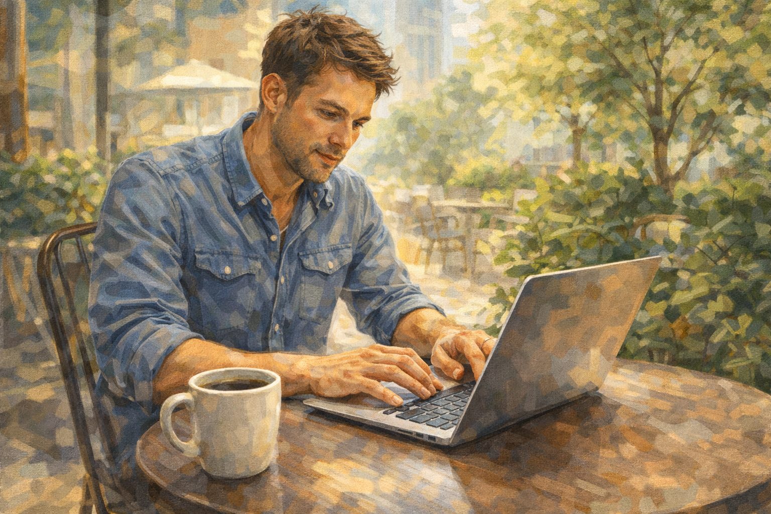 Affiliate manager sitting outside at a cafe table, writing on a laptop in natural daylight, relaxed and focused