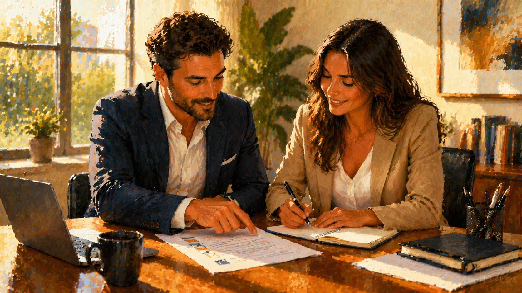 Two colleagues in a bright office reviewing an affiliate onboarding checklist together at a table