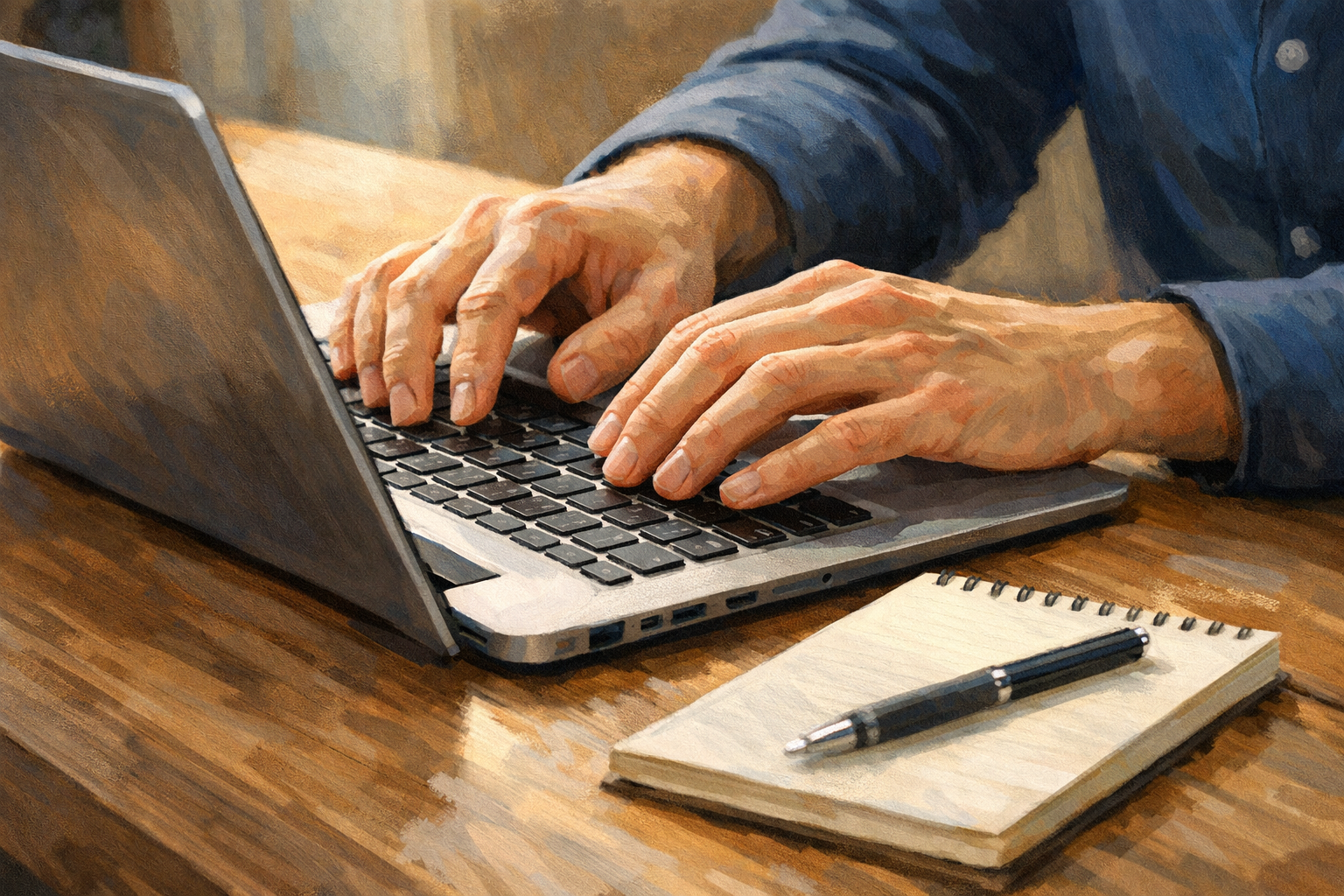 Close-up of hands typing on a laptop keyboard at a clean wooden desk with a notepad nearby