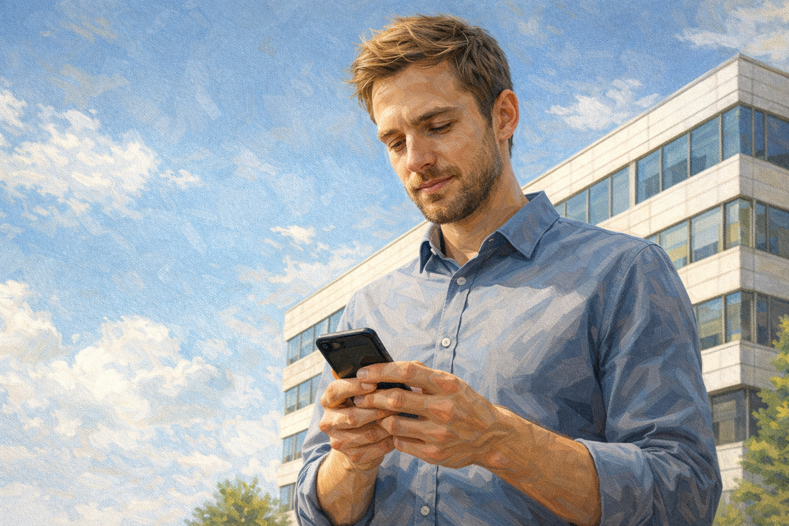 A person standing outside a bright office building checking their phone with a calm, patient expression