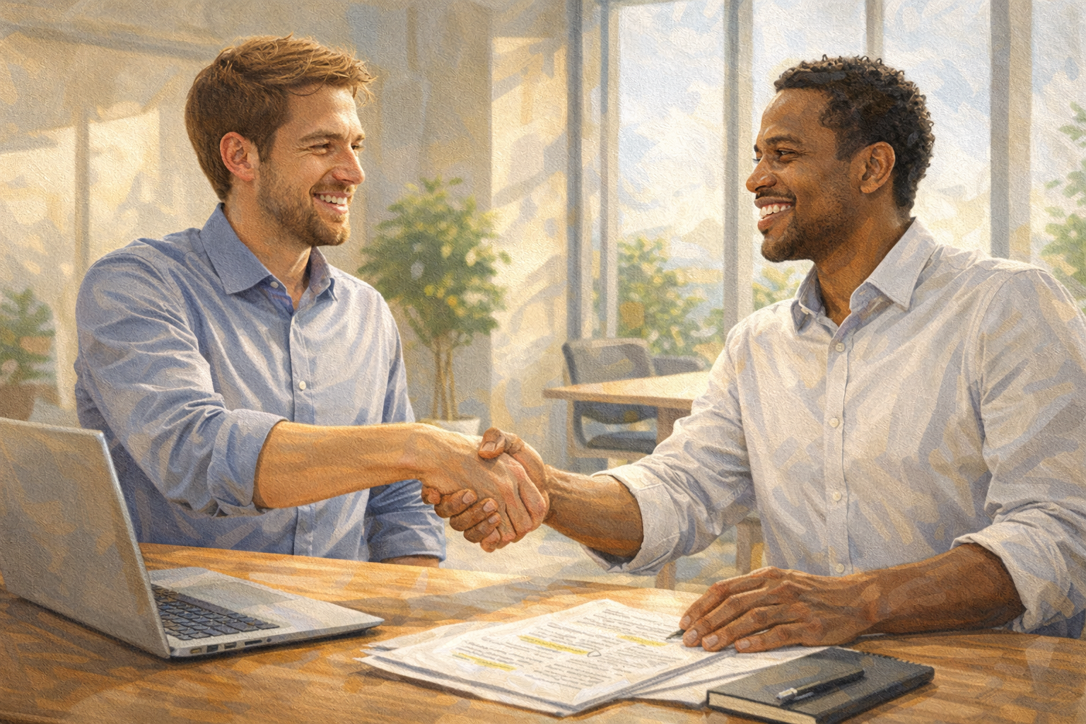 Two people shaking hands across a table in a bright, modern office setting, both relaxed and smiling