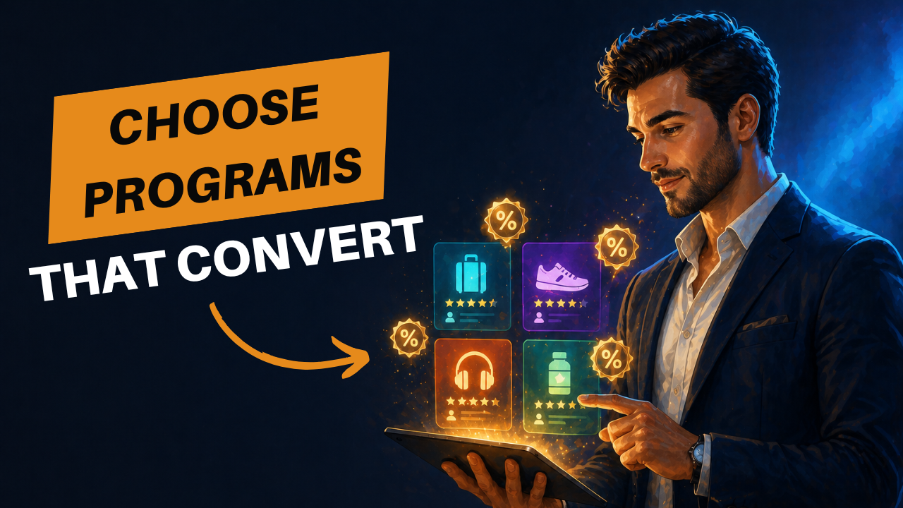Affiliate marketer reviewing program details on laptop with notes