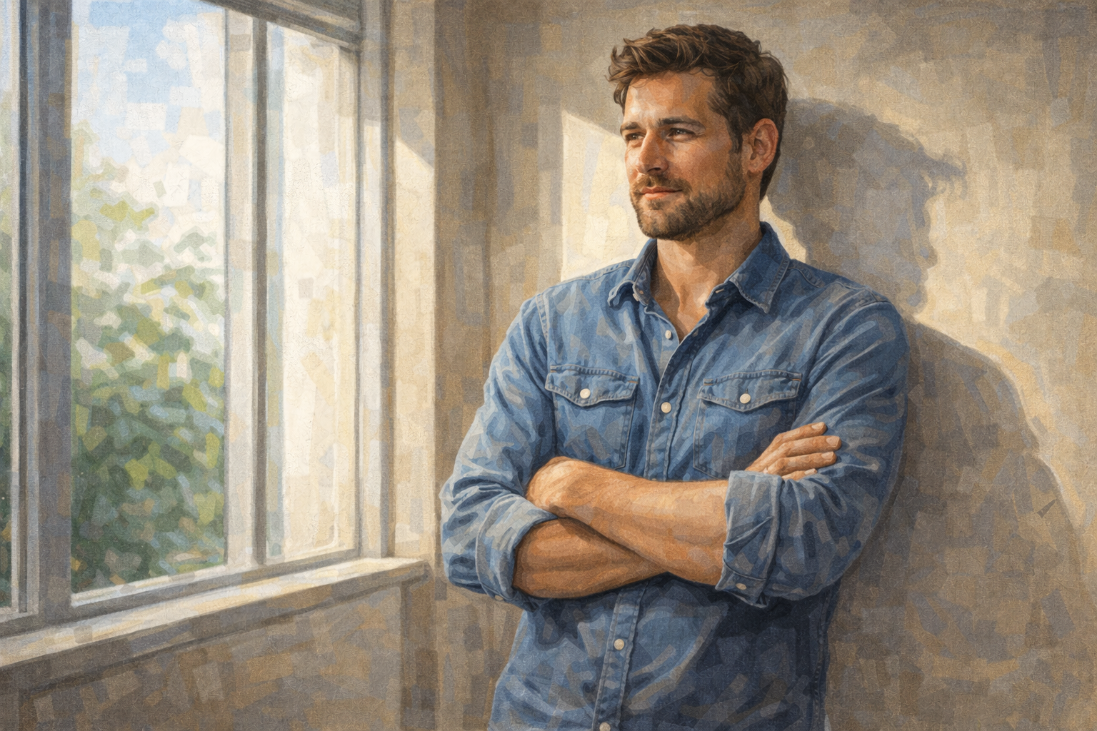 Person standing near a window with arms crossed, looking thoughtful, making a considered decision