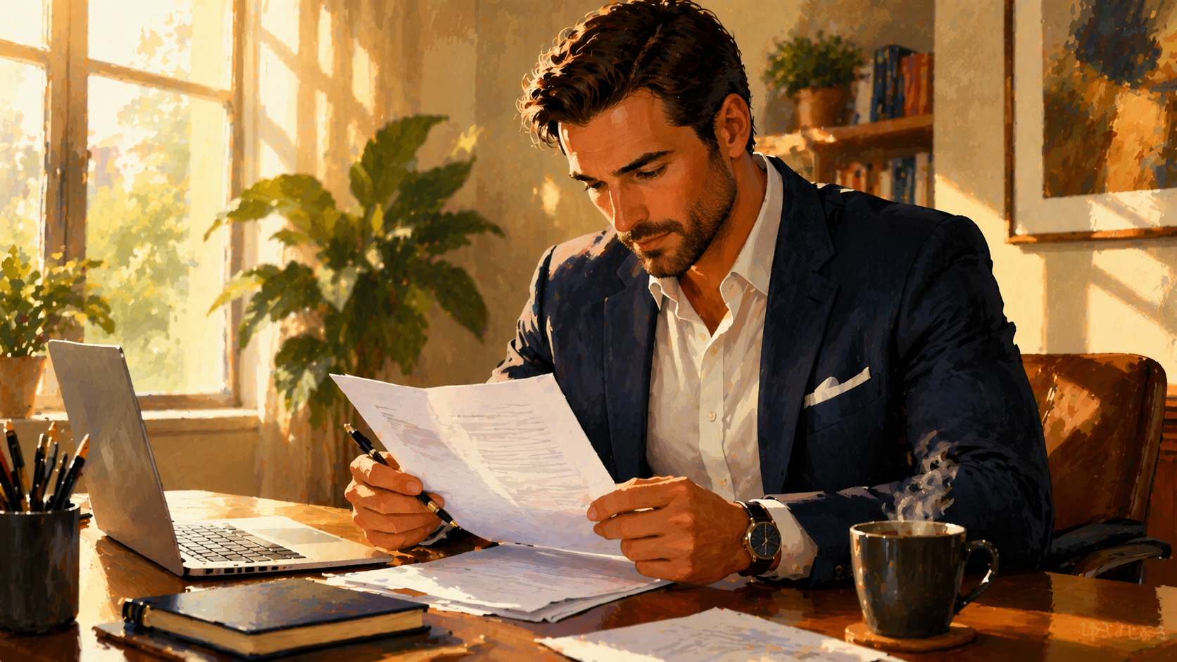 Business owner at a home desk reading through printed affiliate program terms, morning light