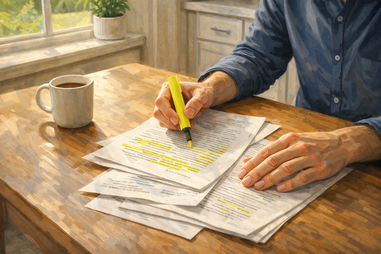 A person reviewing printed pages with notes and a highlighter at a sunny kitchen table, focused and thoughtful