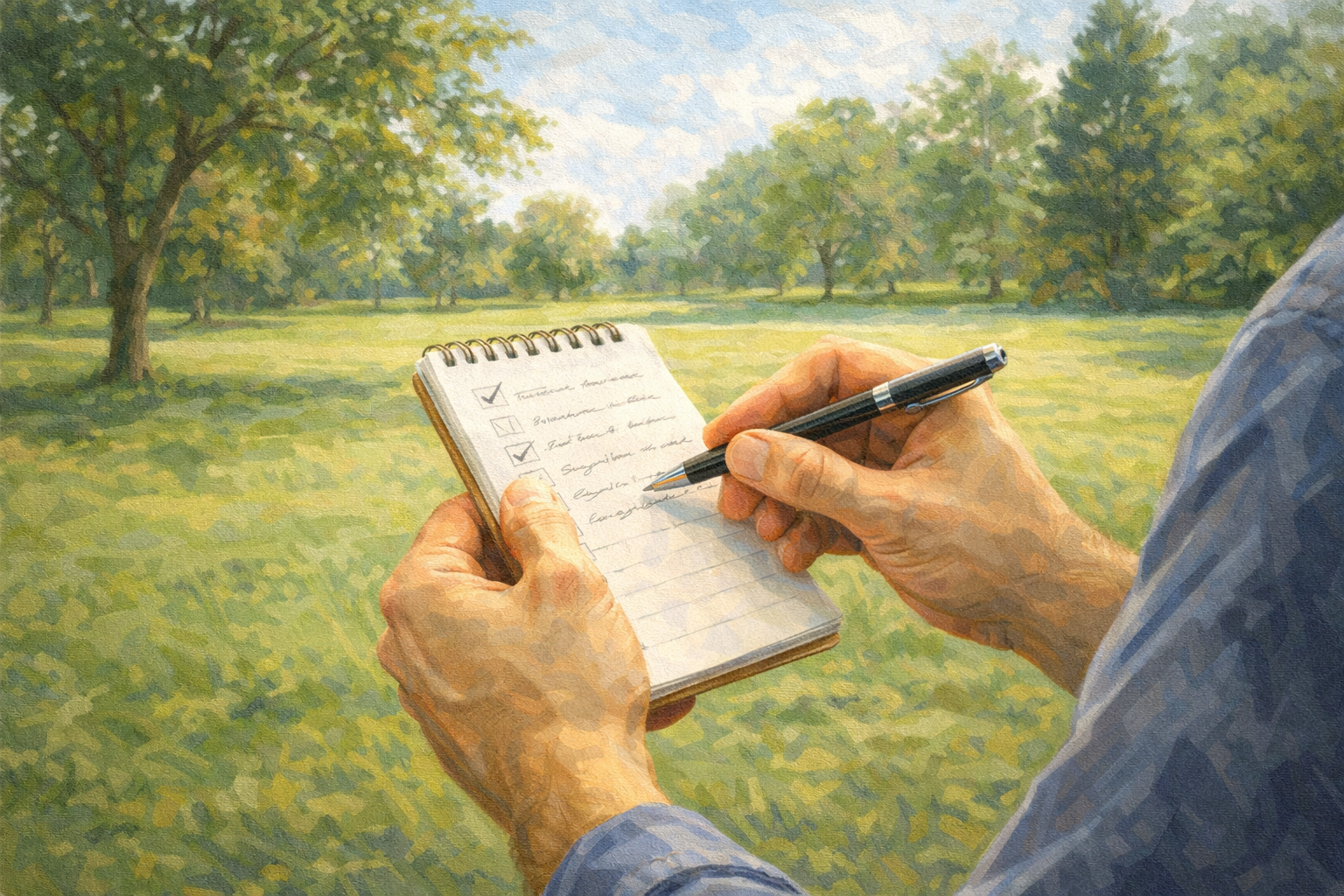 A person outdoors in a park reviewing a short handwritten list on a notepad, calm and focused