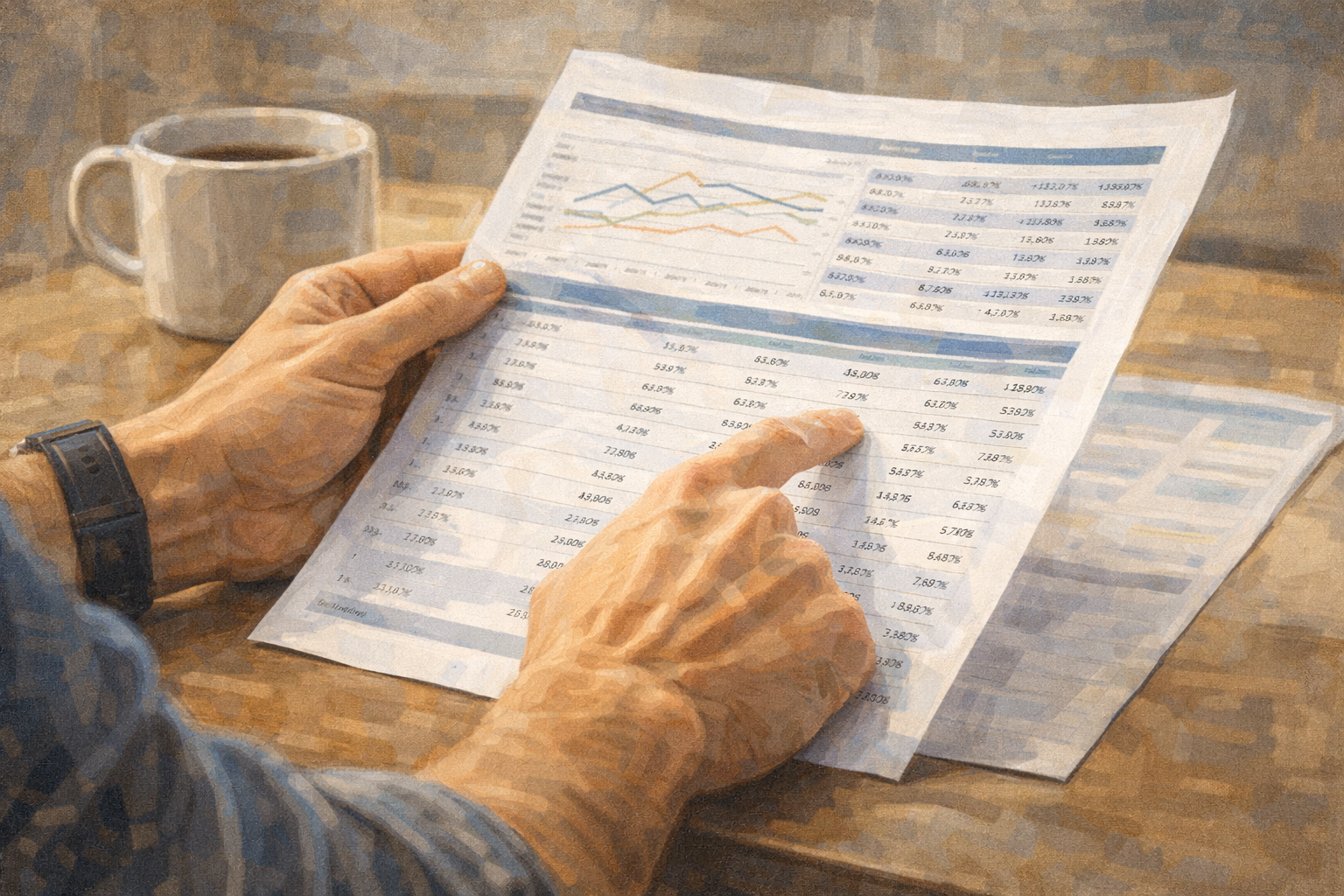Close-up of a person's hands reviewing printed pages at a desk, tracing a line with one finger