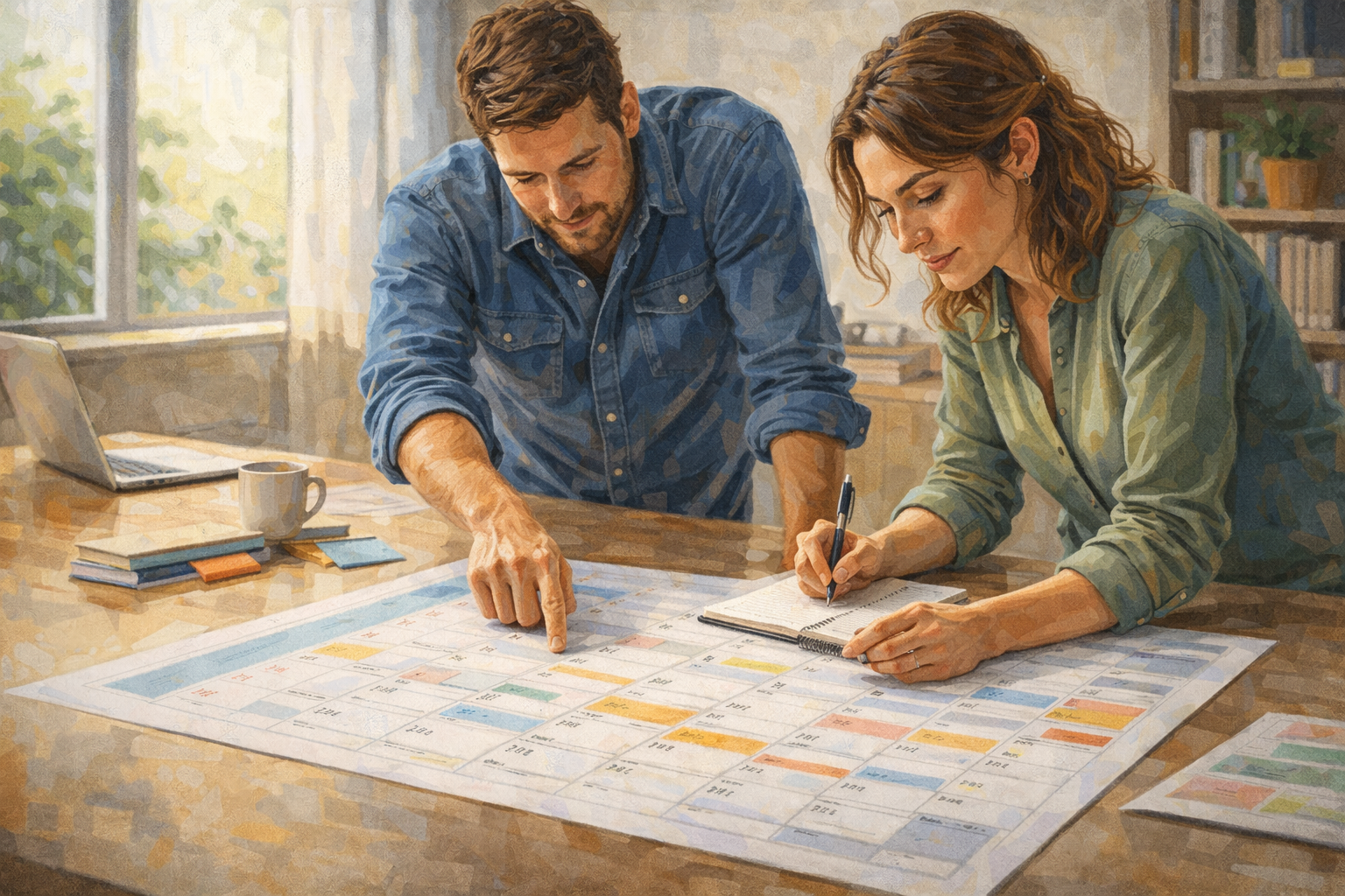 Two people in a bright office reviewing a printed calendar together, one pointing at a specific week