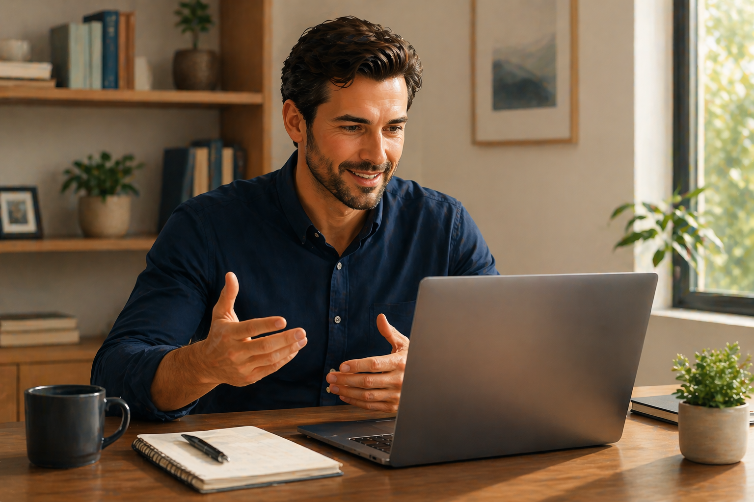 Business owner on a video call with a partner, smiling and engaged, laptop open on a desk with notes nearby