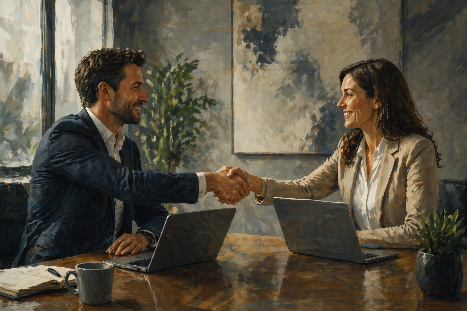 Two business people shaking hands across a conference table with open laptops in front of each of them, smiling warmly