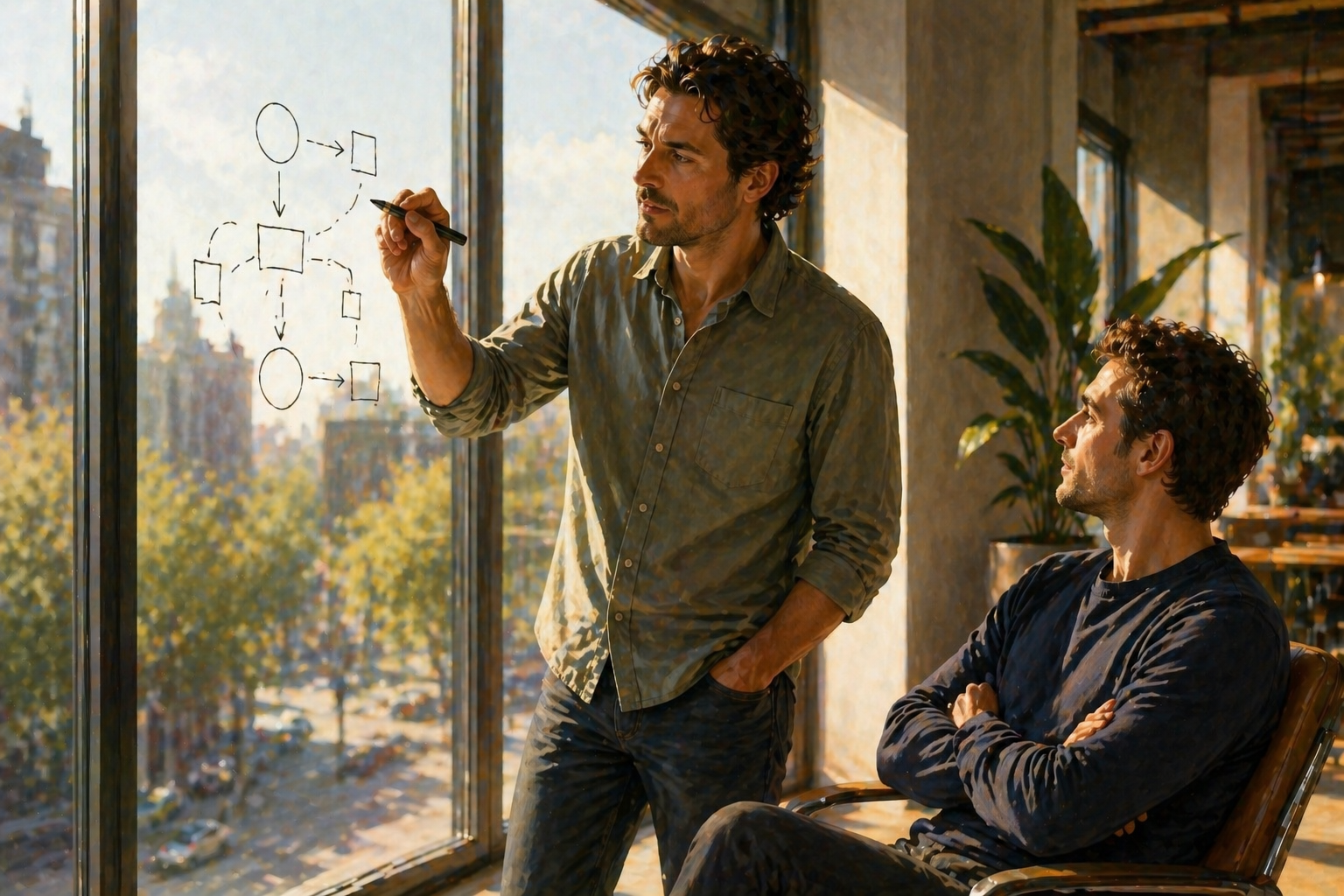 Person standing at a large whiteboard in a meeting room, drawing a simple flow diagram with a marker, two colleagues watching