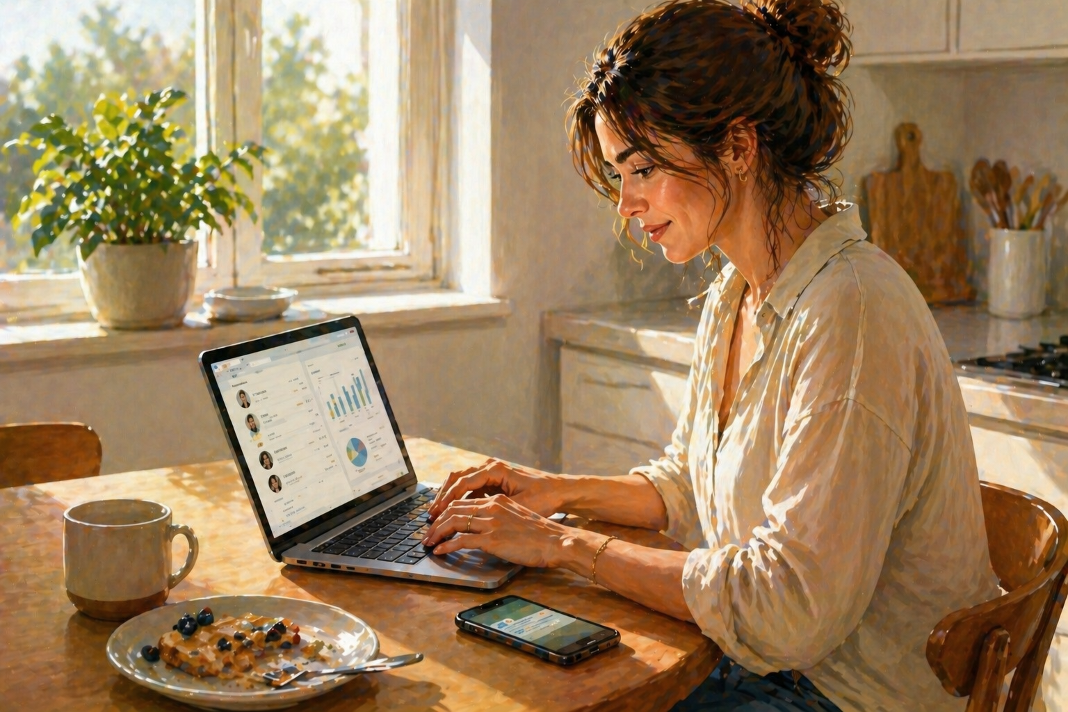 Affiliate manager at a standing desk reviewing a spreadsheet on two monitors, coffee nearby, focused expression