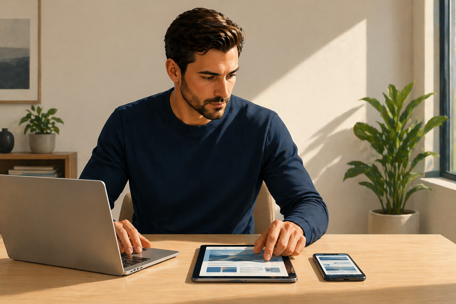 Person testing a checkout page across a laptop, tablet, and phone arranged on a desk, checking each screen