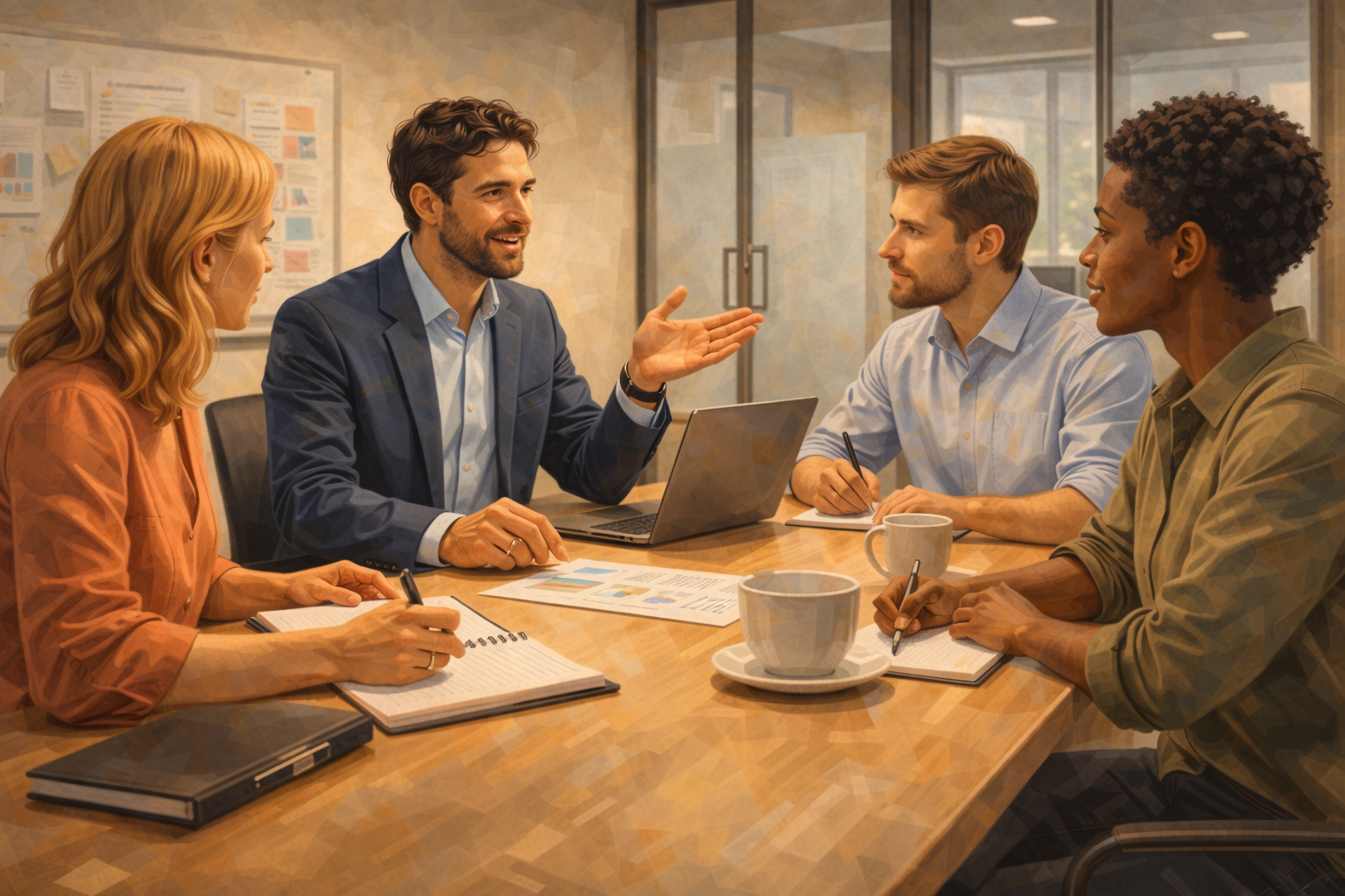 Affiliate manager onboarding new affiliate partners in office meeting