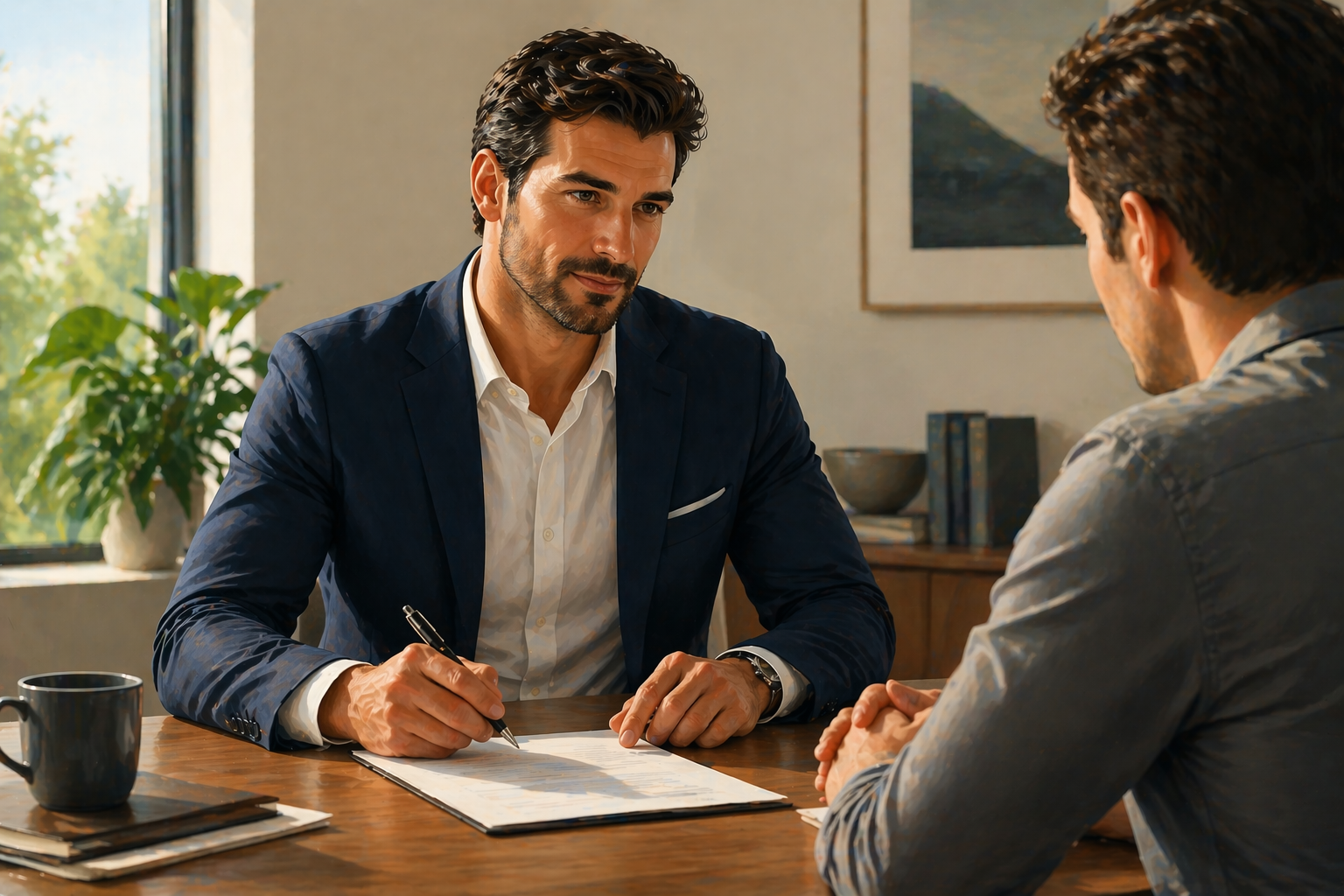 Two people shaking hands across a desk in a bright office setting, both smiling, a laptop open between them