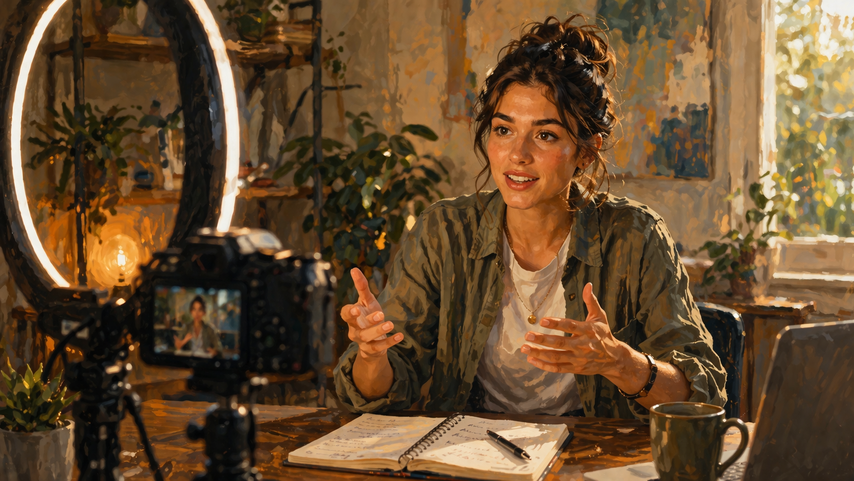 Person filming a video at a home studio setup with a ring light and camera, relaxed and natural on camera, notes visible nearby