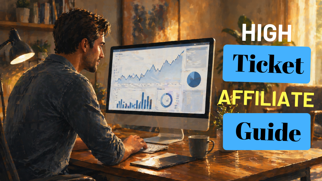 Affiliate marketer reviewing analytics on a large monitor, warm home office setting, confident posture, subject positioned on left side of frame with open negative space on right