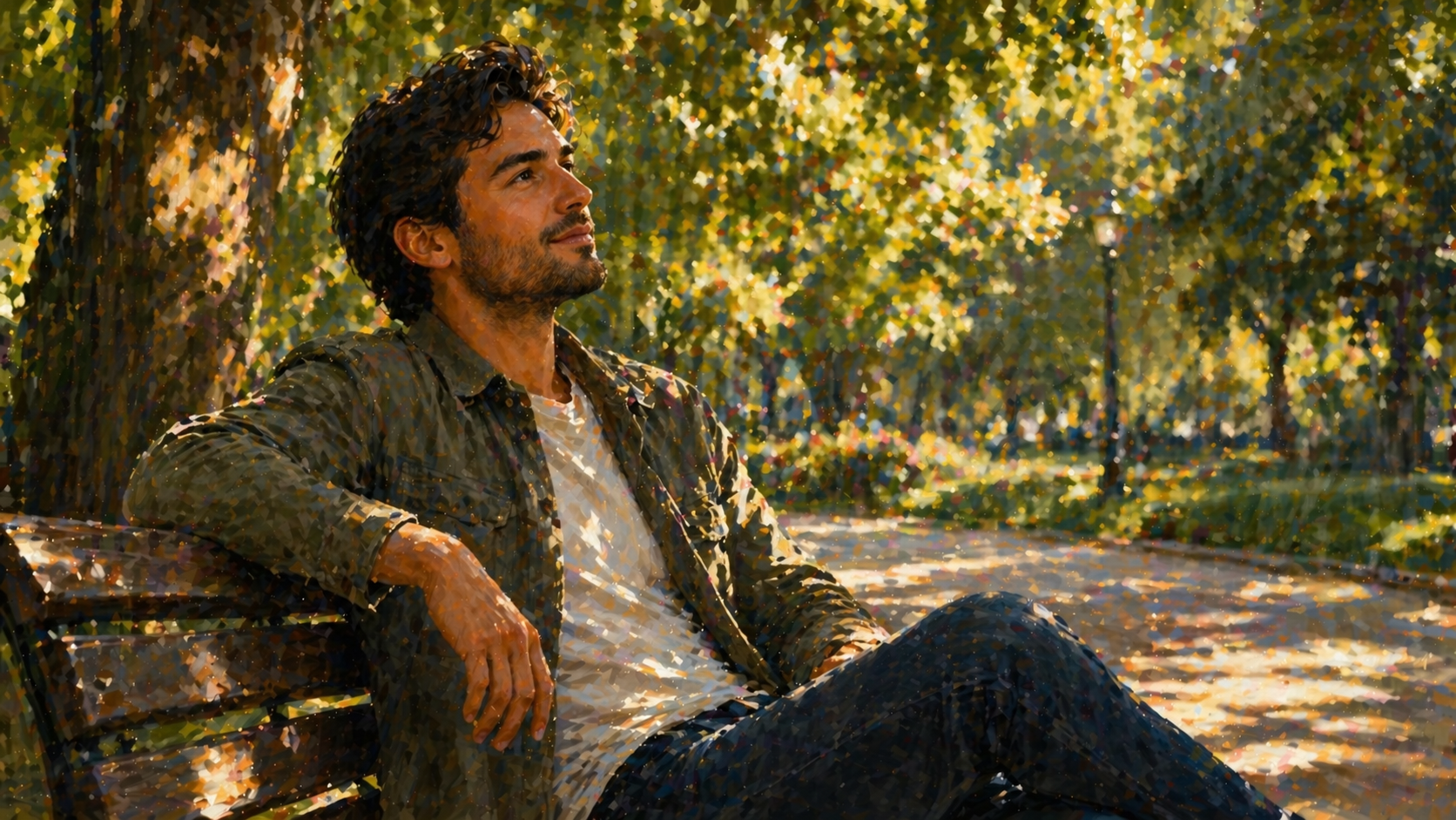 Person sitting on a park bench outdoors, relaxed and thoughtful, looking slightly upward, dappled sunlight through trees around them