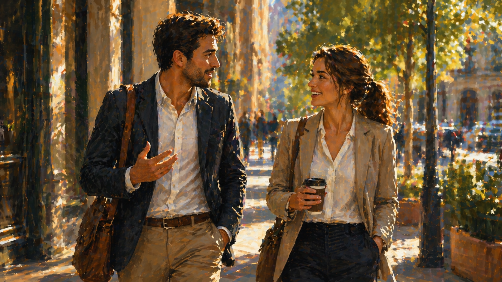 Two people walking side by side outdoors on a city sidewalk, deep in conversation, animated and engaged, professional attire, sunlight in background