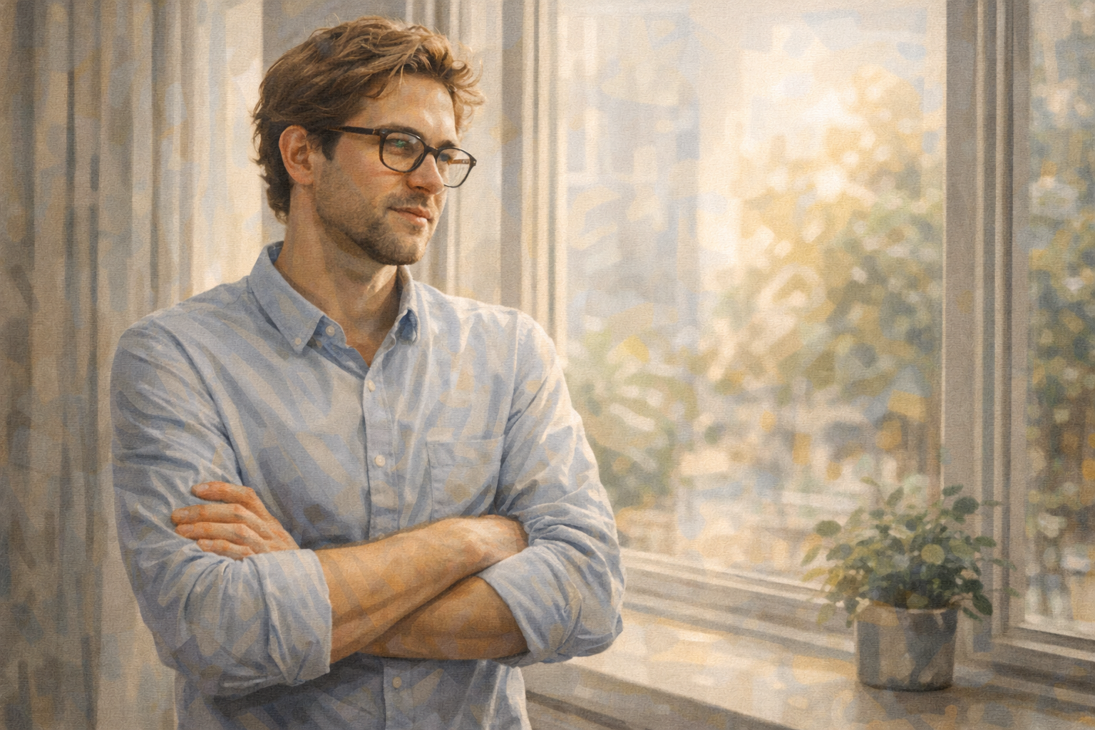 Person standing near a large window, arms loosely crossed, looking thoughtful