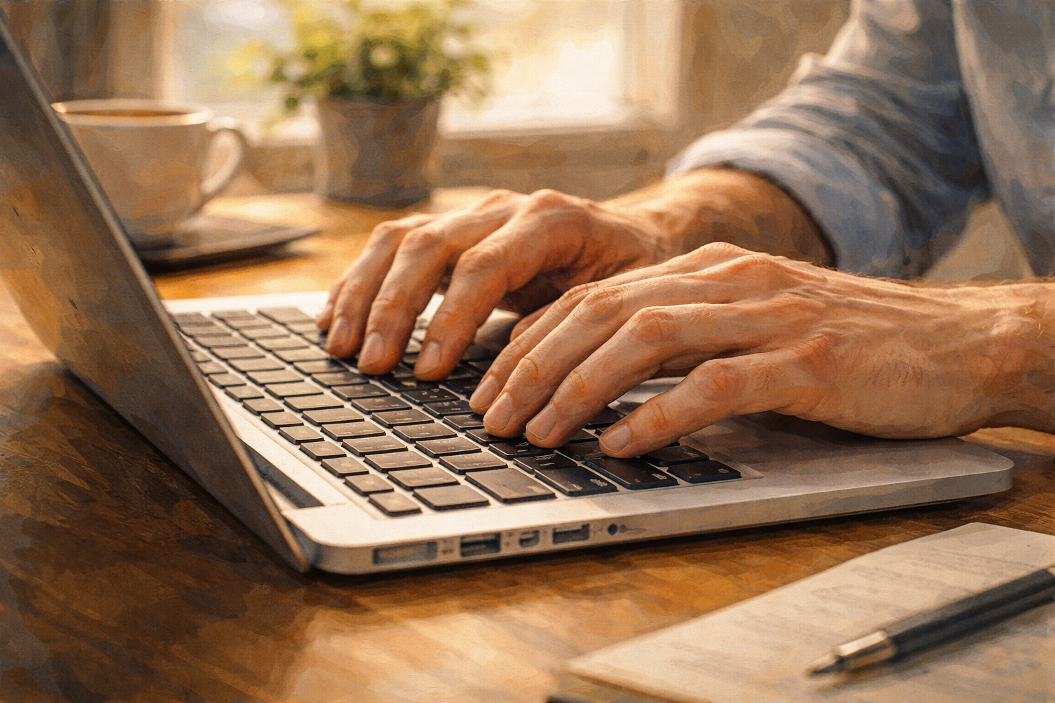 Close-up of hands typing on a laptop keyboard, warm focused light
