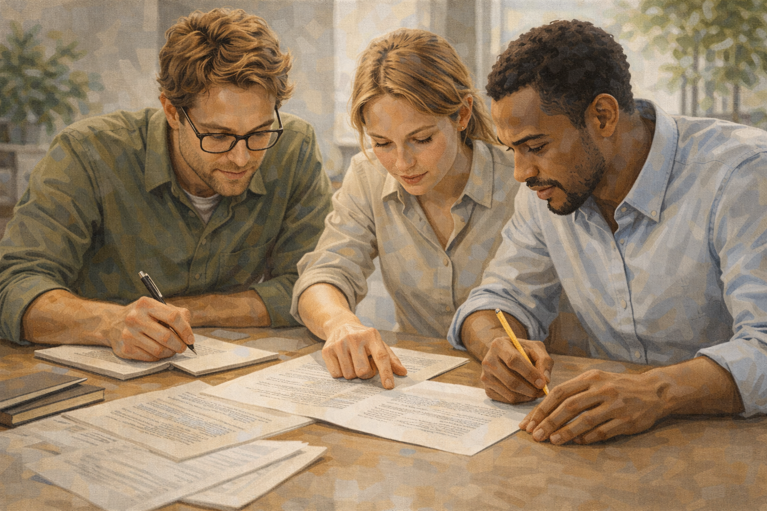 Small group of three people gathered around a table covered in documents, collaborating